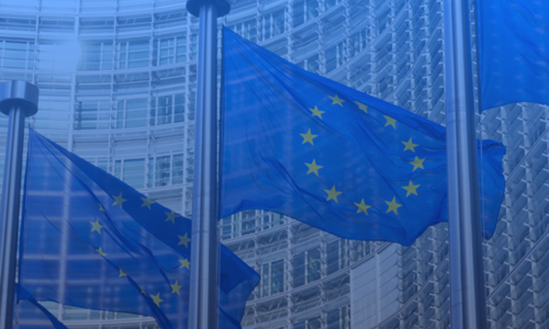 EU flag in front of a building in Brussels, symbolising the EU’s directive on pay transparency, equal pay, and the requirements for pay reporting and pay structure in HR systems.