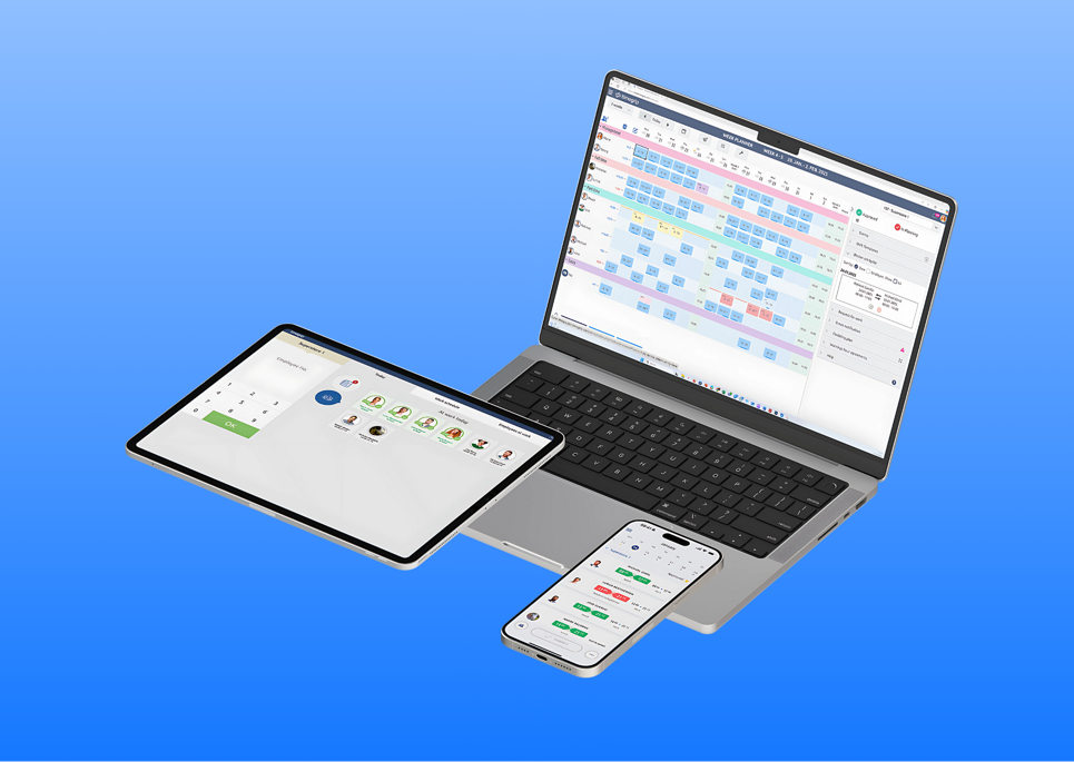 Workforce planning and time tracking solution shown on laptop, tablet and smartphone supporting efficient staffing and daily operations