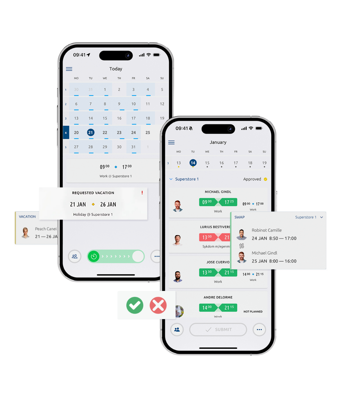 Two smartphones displaying a calendar and task overview, illustrating project-based time tracking, task management, and accurate documentation of working hours.