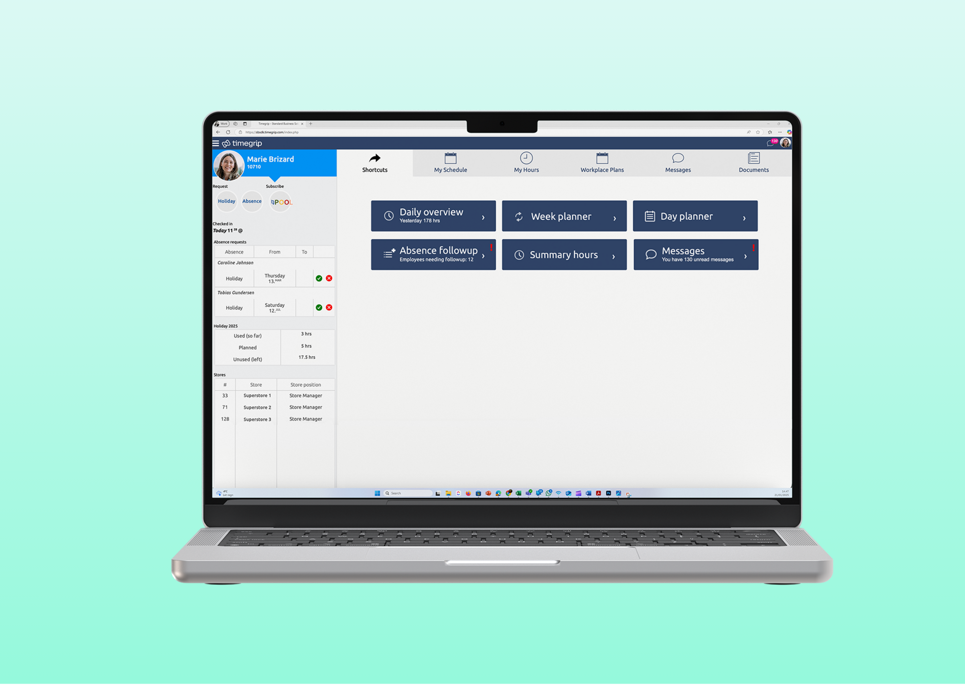 Administration dashboard for workforce management with configuration of scheduling, employee data and time tracking